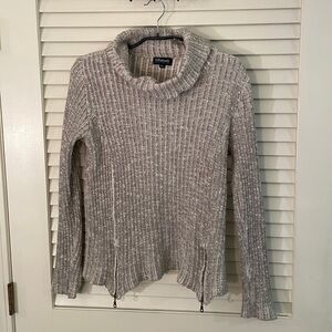 Putorti Brown Cream Knit Double Front Zip Cotton Blend Turtleneck Sweater